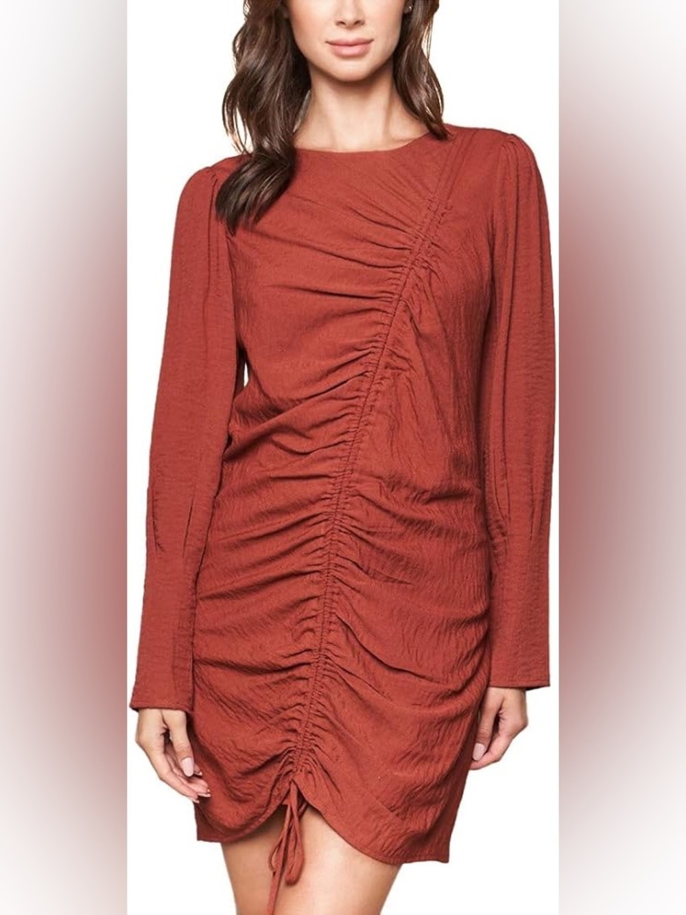 Sugarlips Coral Long-Sleeve Ruched Drawstring Mini Dress